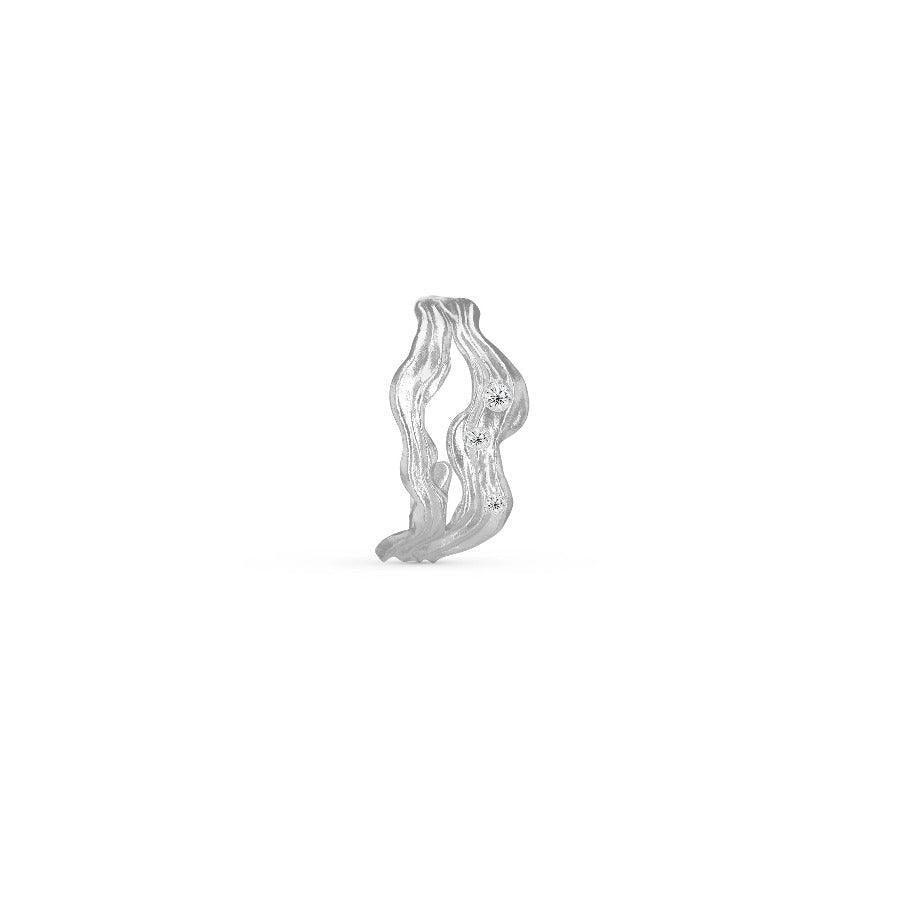 Polar Jewelry Cosmos Solv Hoop Single in matte silver with wavy organic shape and small clear stones. Model COS-HP-SL-WZ-00404-1.