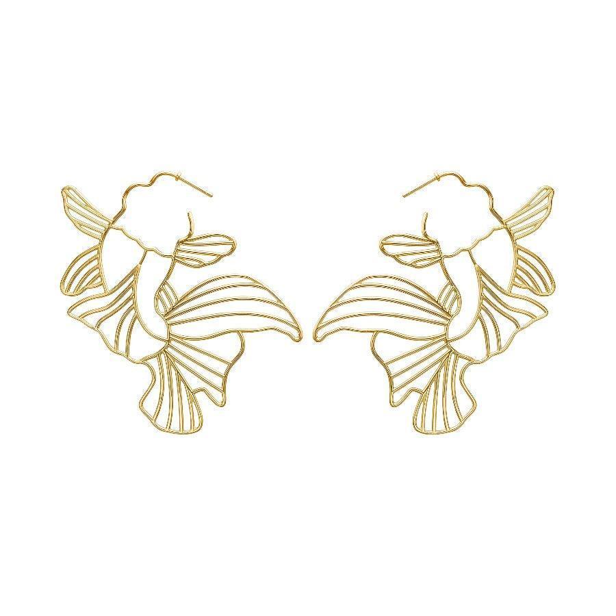 Polar Jewelry Gold Plated Koi Hoops showcase a pair of golden, koi-inspired earrings in an elegant, open design. Model Koi-hp-gd-00101-1