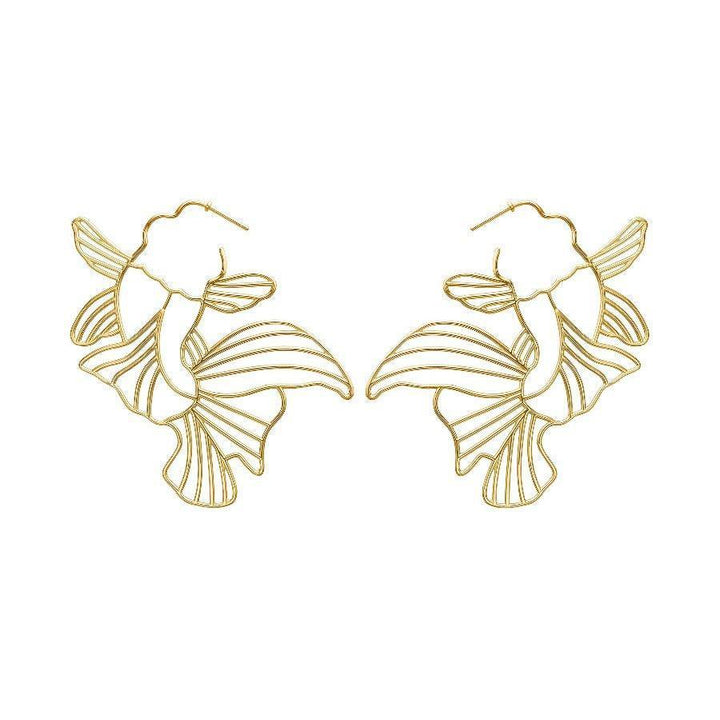 Polar Jewelry Gold Plated Koi Hoops showcase a pair of golden, koi-inspired earrings in an elegant, open design. Model Koi-hp-gd-00101-1