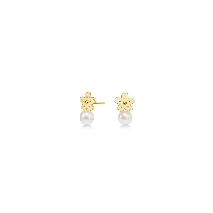 Polar Jewelry Sakura gold plated stud earrings appear as small flowers with white pearl, Model sak-st-gd-wp-00117-1.