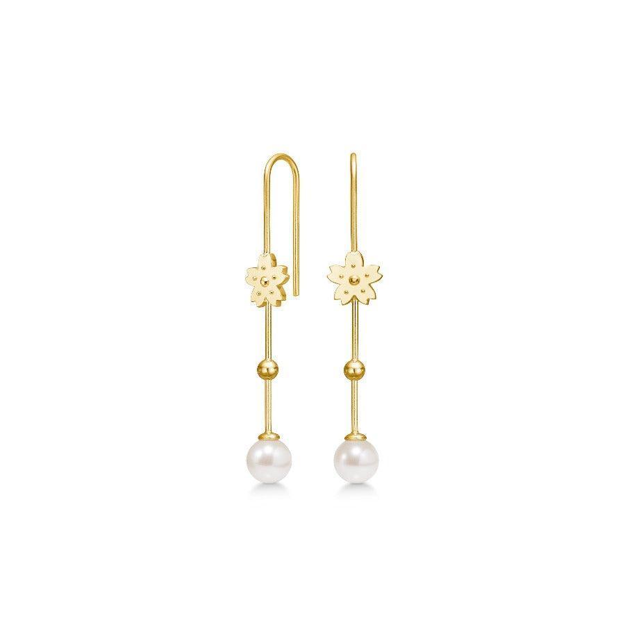 Polar Jewelry Sakura Hanging Pearl gold-plated earrings with flower detail and pearl. Model SAK-EH-GD-WP-00120-1