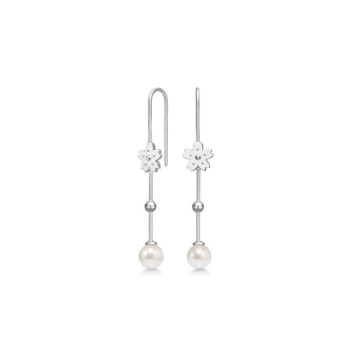 Polar Jewelry Sakura Hanging Pearl silver earrings with freshwater pearls and floral motif, Model SAK-EH-SL-WP-00121-1.