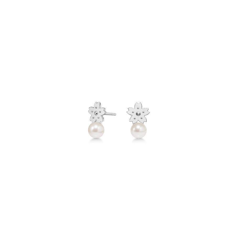 Polar Jewelry Sakura Silver Earrings with white pearl and flower design, elegant and simple. Model case-st-sl-wp-00119-1