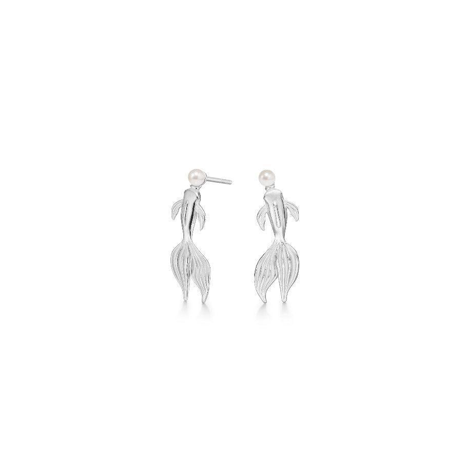Polar Jewelry Solid Koi Silver Earrings with pearl and fish motif, model SOK-HS-SL-WP-00116.