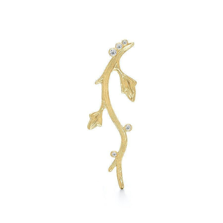 Polar Jewelry The Nightingale earring left shows an elegant gold earring with leaves and small clear stones. Model tni-st-l-gd-wz-00336-1
