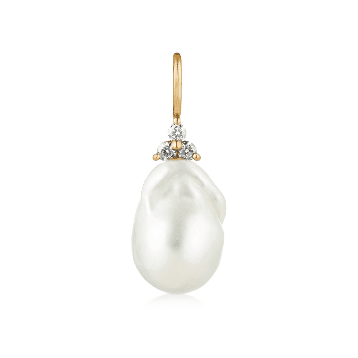 ro copenhagen 18kt joy pearl with diamonds shows an irregular white pearl with diamonds and gold pendant. Model 106587-1
