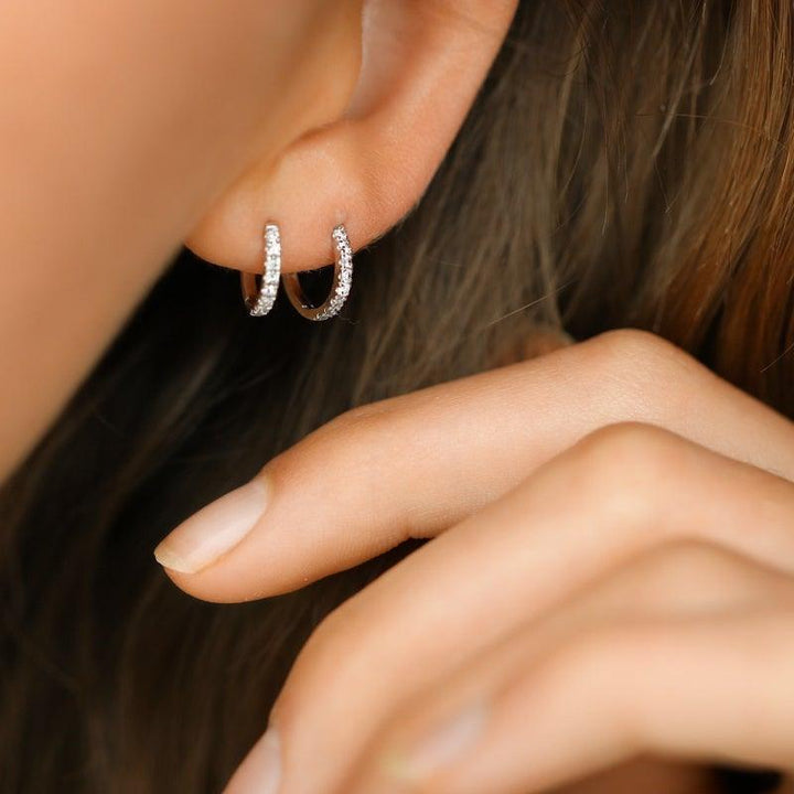 ro copenhagen 18kt rock classic diamond creole 10mm white gold shown in ear, elegant mini earrings with diamonds, Model119249