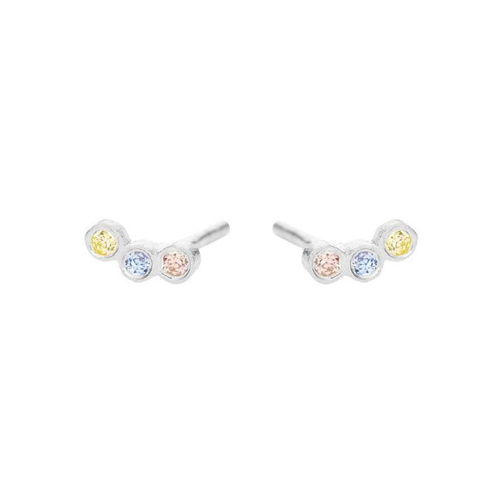 Susanne Friis Bjørner earrings with three round stones in shades of yellow, blue and pink, silver-coloured. Model 5647-1-570.