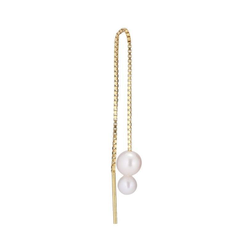 Deux Threader chain earring with pearls in gold look, elegant chain with two white pearls. Model fw2013-fw2013-1