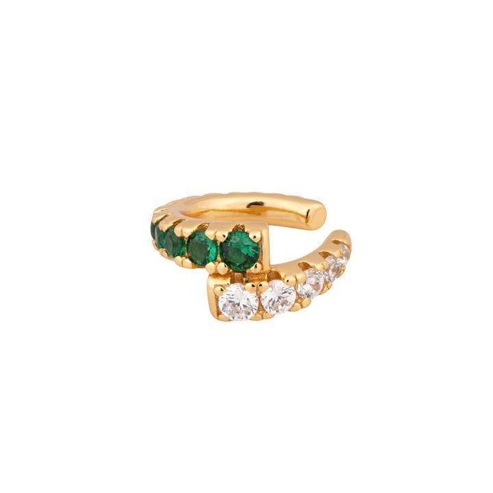 Elisa Ear Cuff, elegant ear cuff in gold-coloured metal with green and clear stones. Model FW2116-FW2116-1