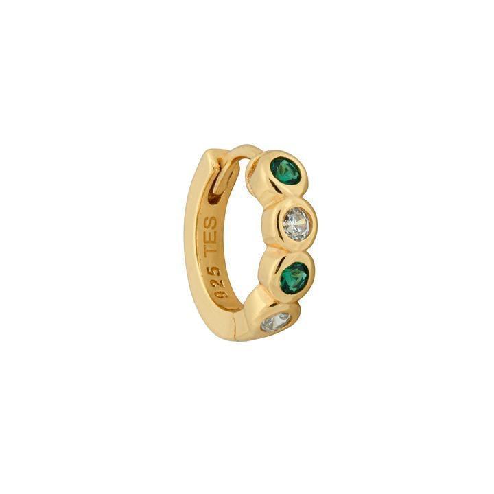 Ellie Huggie Earring shows a gold-plated creole with green and clear stones on a white background. Model FW2117-FW2117-1