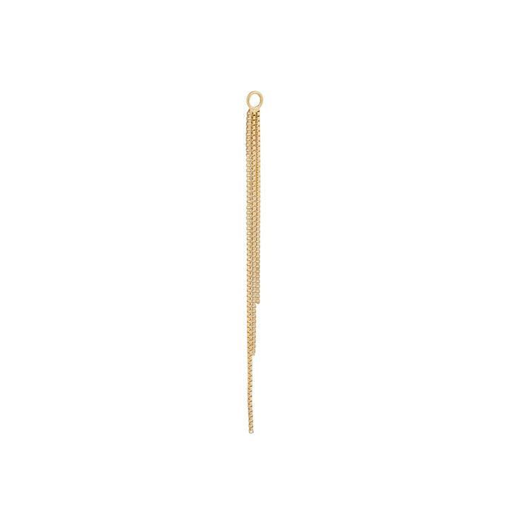 Tassel Charm features a simple, golden pendant with long chain tassels in shiny metal. Model FW2123