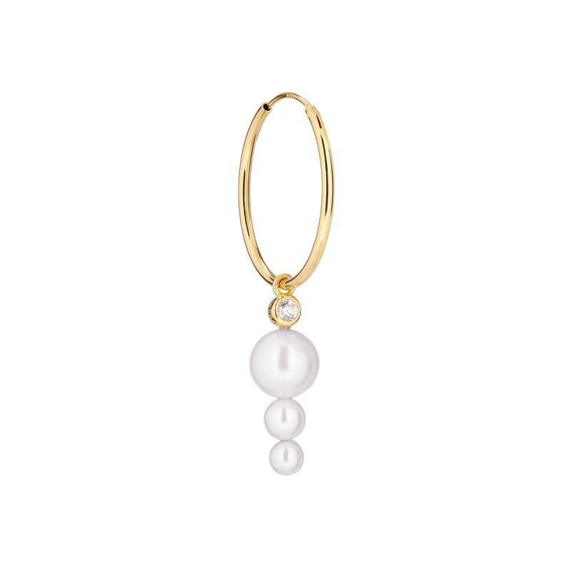 Toujours Hoop with pearls shows an elegant gold-colored hoop with three white pearls and a clear stone. Model SS2112-SS2112-1