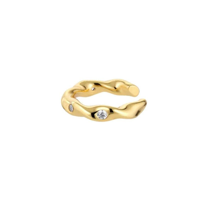 The Earring Shop Twist Cuff Silver Gilt shows a wavy, golden ear cuff with sparkling stones. Model FW2205-FW2205-1.