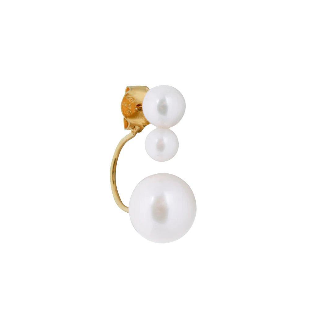 White Moon Orestik shows an elegant gold earring designed with three white pearls. Model SS2203-SS2203-1.