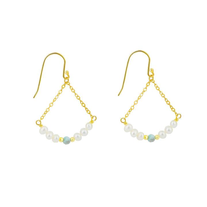 wioga dahlia earrings silver gold-plated with chain, white pearls and turquoise details, Model E-8229-GP