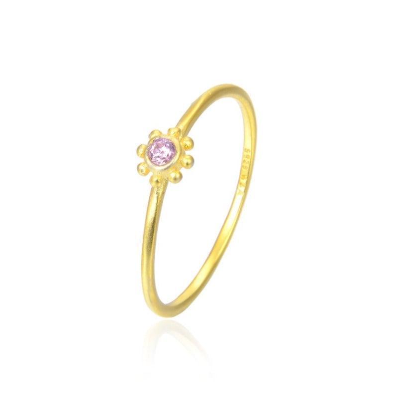 wioga pink small sun ring with small pink stone, slim gold ring with sun motif. Model R-4004-GP-001
